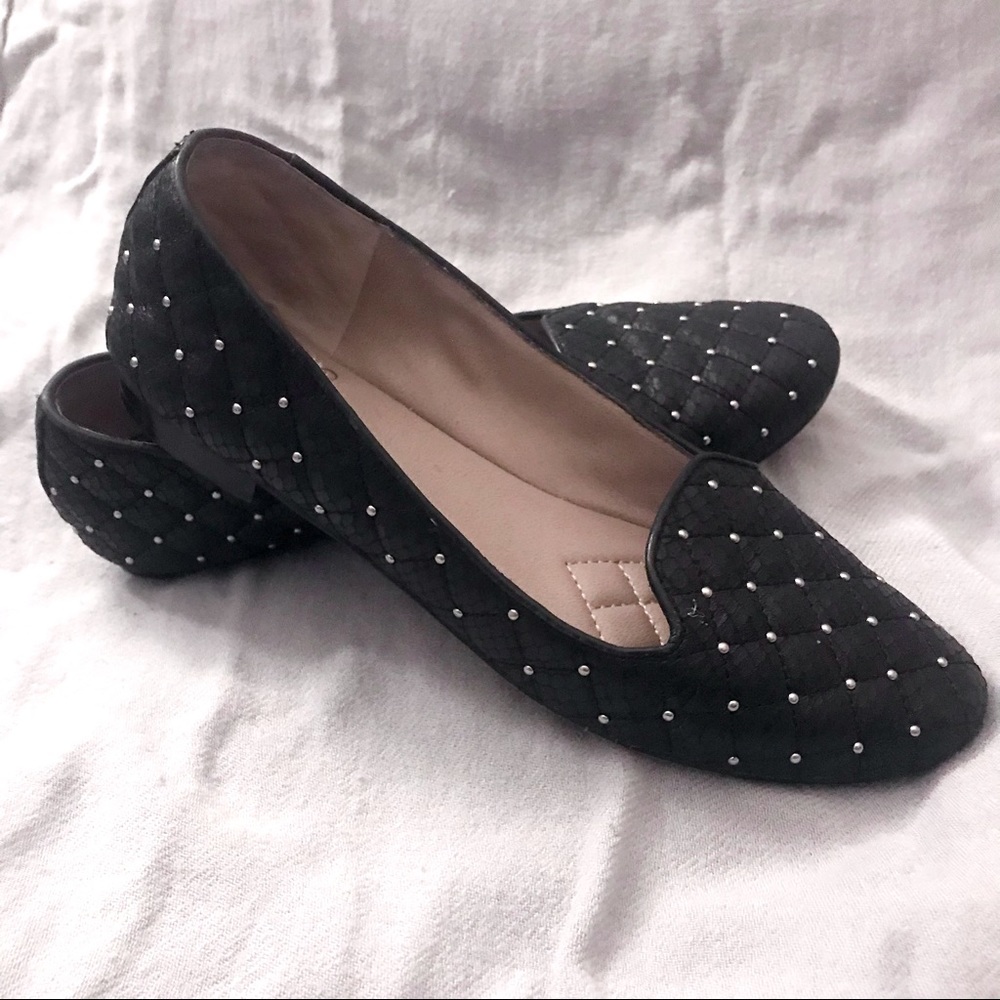 Vince Camuto Black Leather Snake Skin Silver Studded Flats  Loafer Slippers